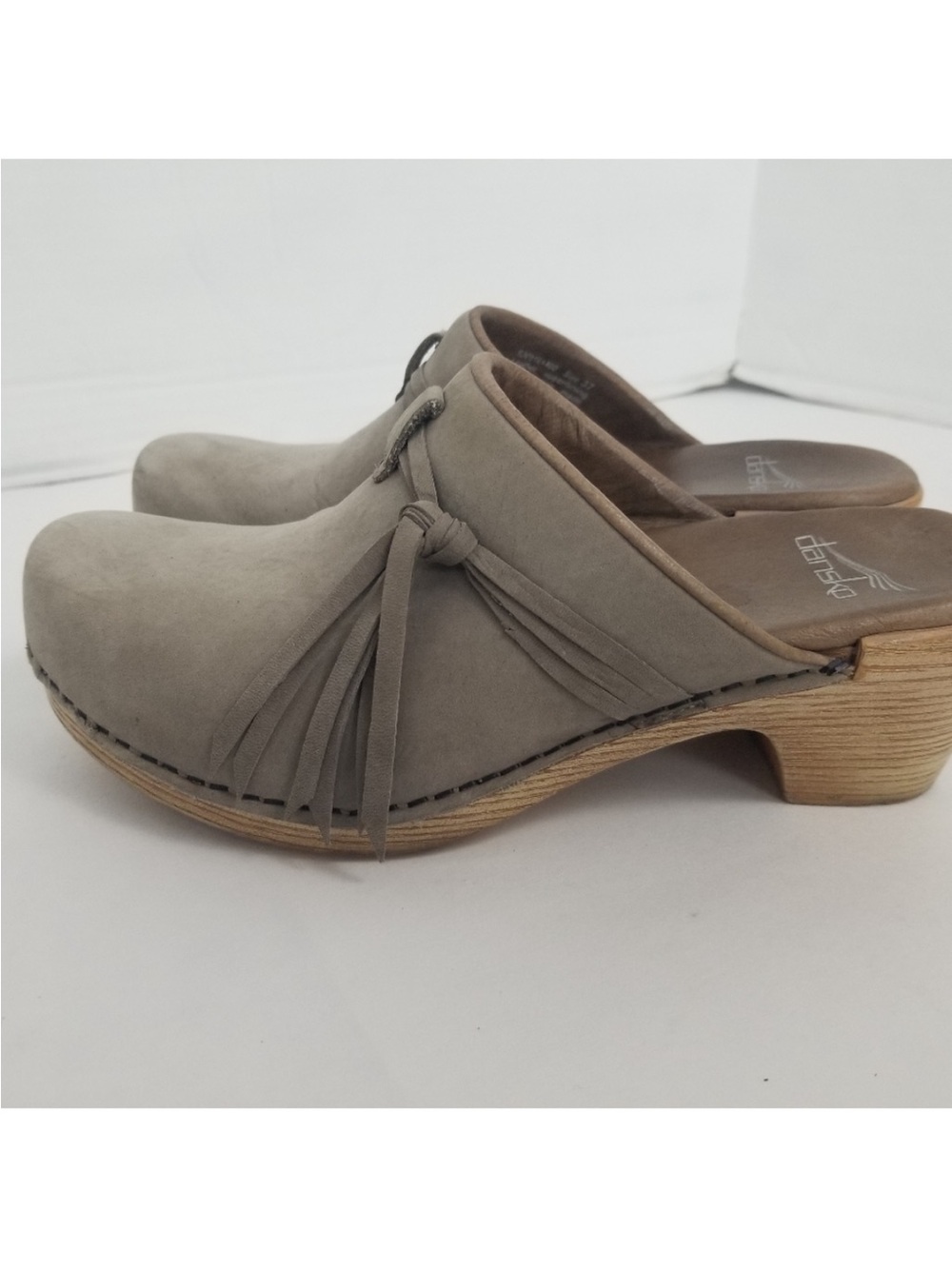 Dansko Miriam Clog Slip On Suede Tassel Tan Taupe
